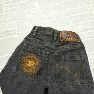 VINTAGE Phat Farm Jeans Youth Size 6 Black Denim Wide Leg Embroidered Y2K HipHop